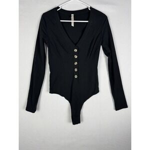 We The Free Boydsuit Womens Small Black Button Up Tong‎ Long Sleeve V Neck